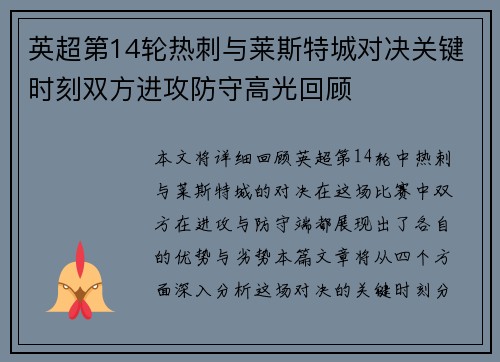 英超第14轮热刺与莱斯特城对决关键时刻双方进攻防守高光回顾